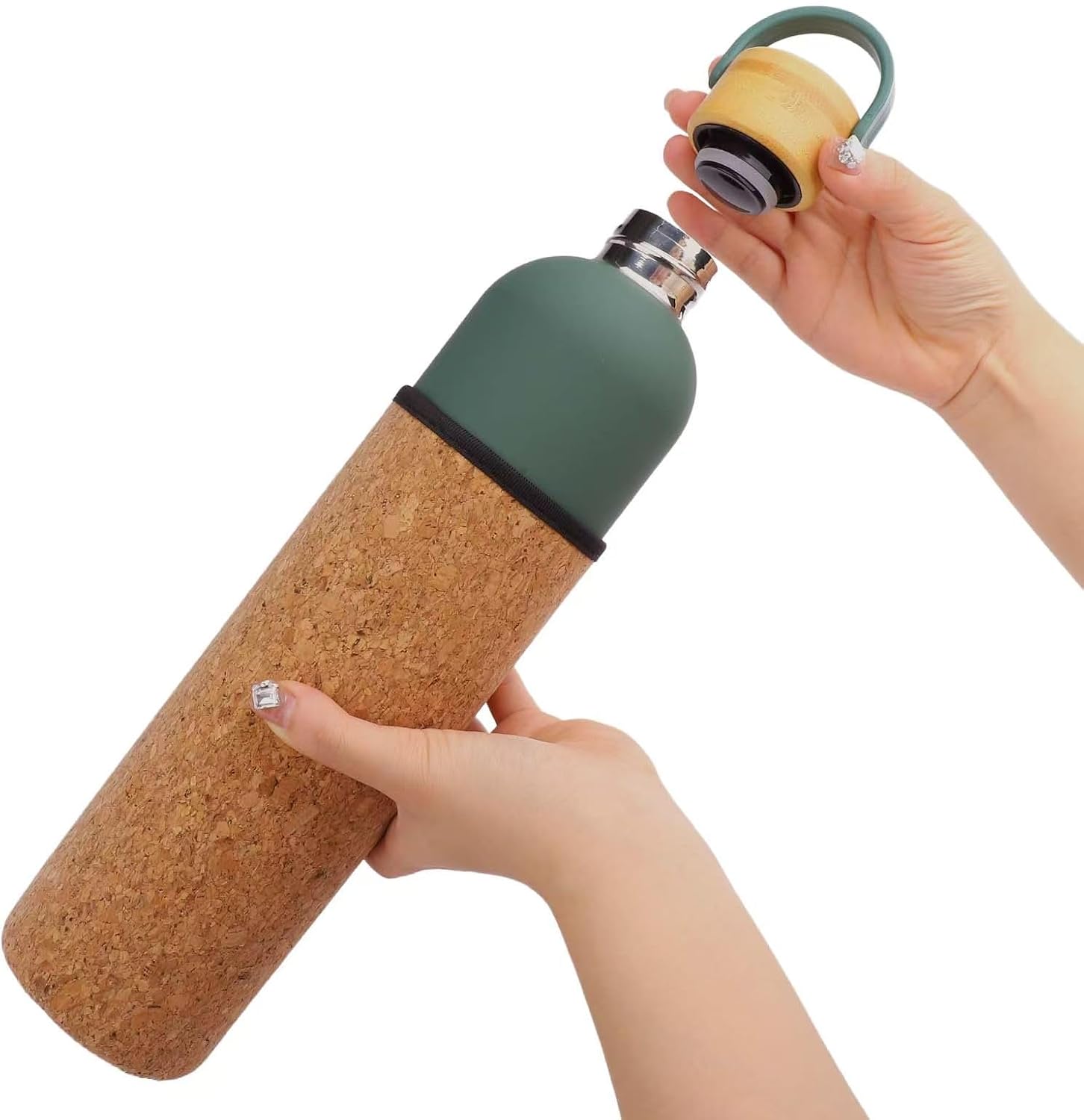 Green bottle with a cork-look sleeve, removable lid and carry loop