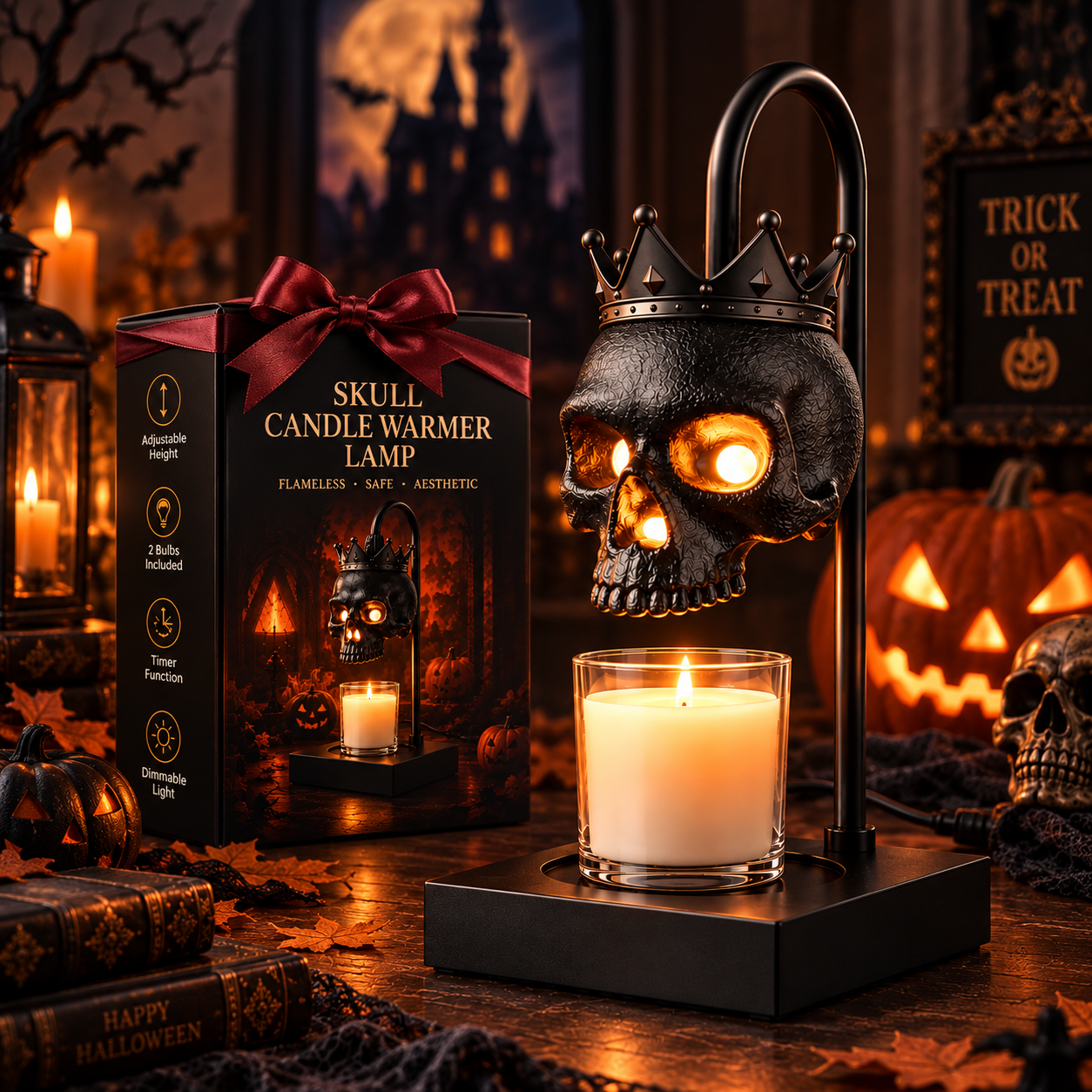 Black skull candle warmer lamp with crown detail above a glass candle jar